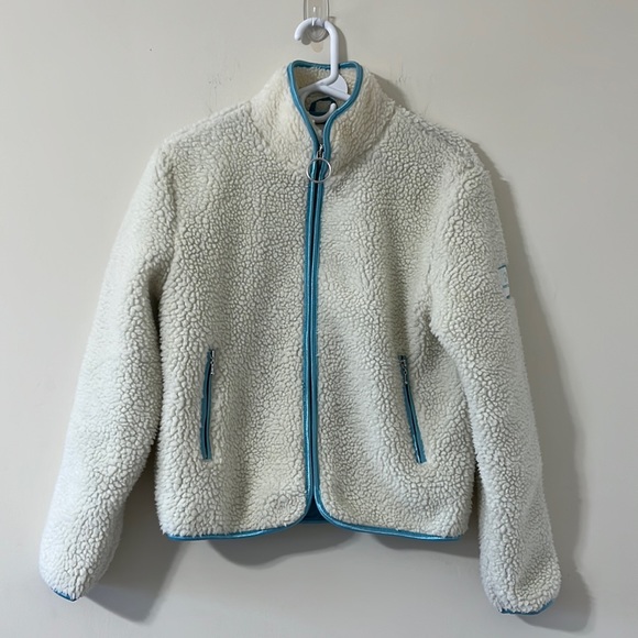NWOT Ivory Ella Chloe White Sherpa Blue Satin Lined Full Zip Jacket Size Small - Picture 2 of 12